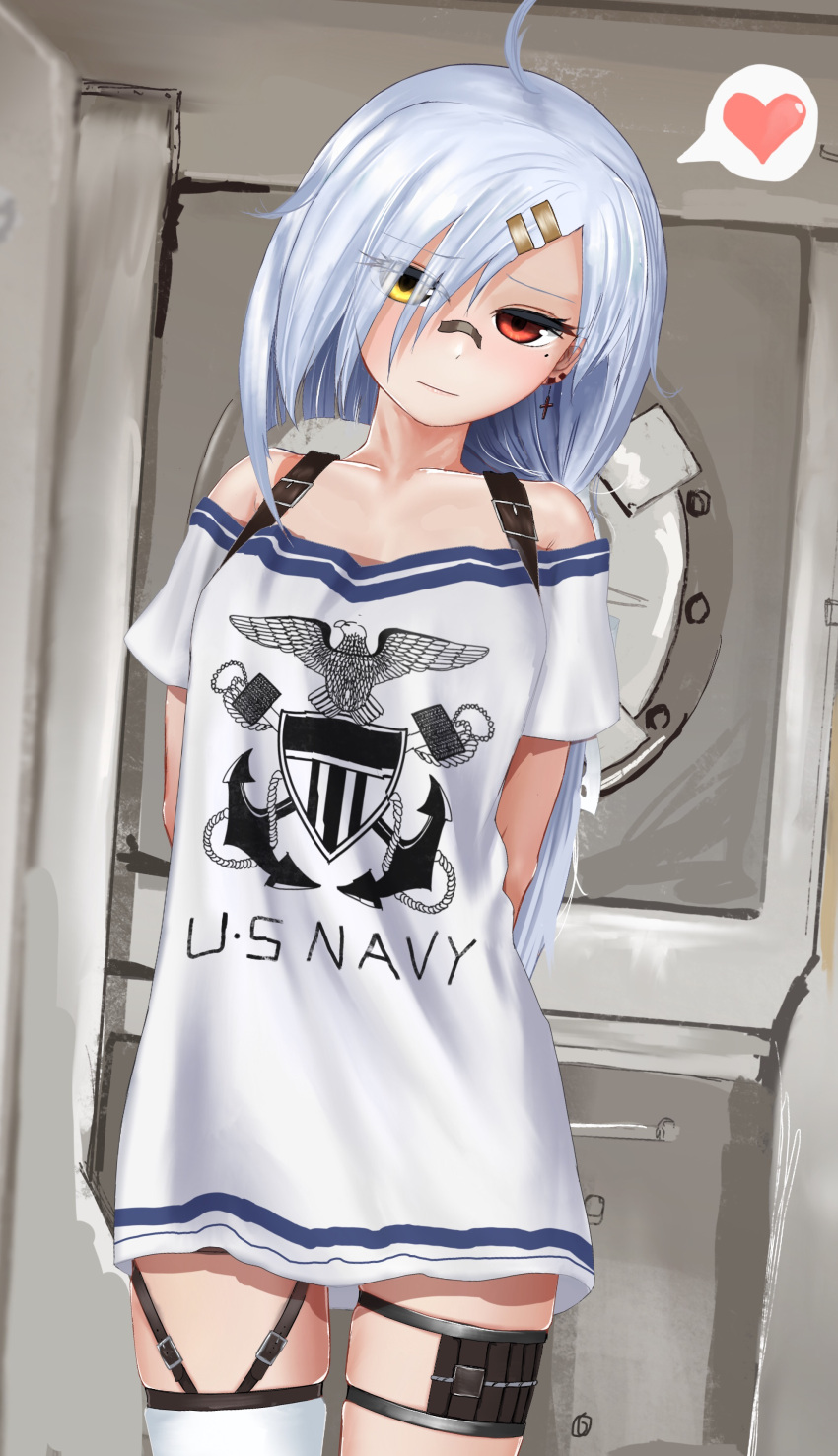 1girl absurdres ahoge arms_behind_back azur_lane bare_shoulders closed_mouth cowboy_shot downes_(azur_lane) dress hair_and_beard hair_ornament hair_over_one_eye hairclip heart heterochromia highres long_hair looking_at_viewer mole mole_under_eye off-shoulder_dress off_shoulder print_shirt red_eyes shirt side_ponytail single_thighhigh skindentation solo speech_bubble spoken_heart thigh-highs thigh_strap us_navy white_hair white_legwear yellow_eyes