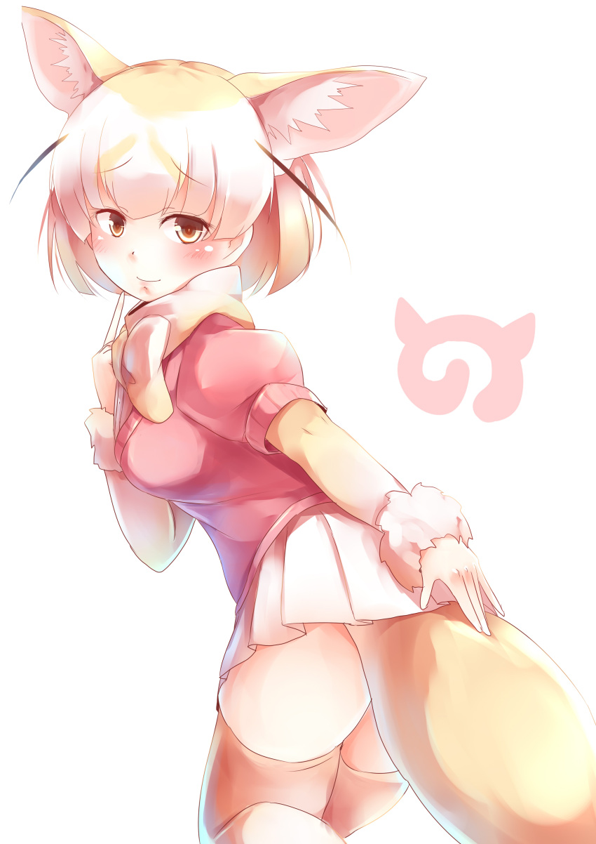 1girl absurdres animal_ears blonde_hair brown_eyes extra_ears fennec_(kemono_friends) fox_ears fox_tail from_behind highres japari_symbol kanzakietc kemono_friends leaning_forward looking_at_viewer looking_back pleated_skirt puffy_short_sleeves puffy_sleeves short_hair short_sleeves simple_background skirt smile solo tail thigh-highs white_background white_skirt