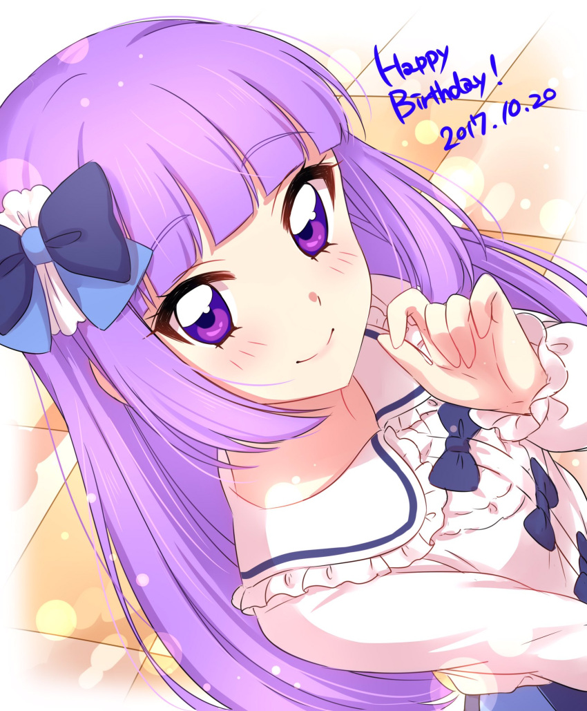 1girl aikatsu! bangs blunt_bangs blush bow closed_mouth collared_dress dated dress dutch_angle eyebrows_visible_through_hair hair_bow hand_up happy_birthday highres hikami_sumire lens_flare lens_flare_abuse long_sleeves looking_at_viewer purple_hair sekina smile solo upper_body violet_eyes white_dress