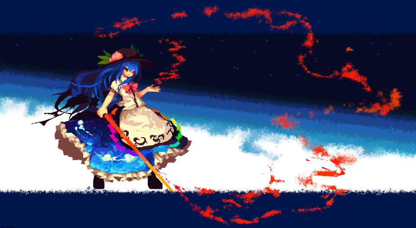 1girl black_hat blue_hair blue_skirt bow bowtie fire food fruit full_body hand_up hat highres hinanawi_tenshi holding holding_sword holding_weapon long_hair long_skirt peach red_eyes red_neckwear short_sleeves skirt solo standing sword sword_of_hisou tea_basira touhou weapon wind