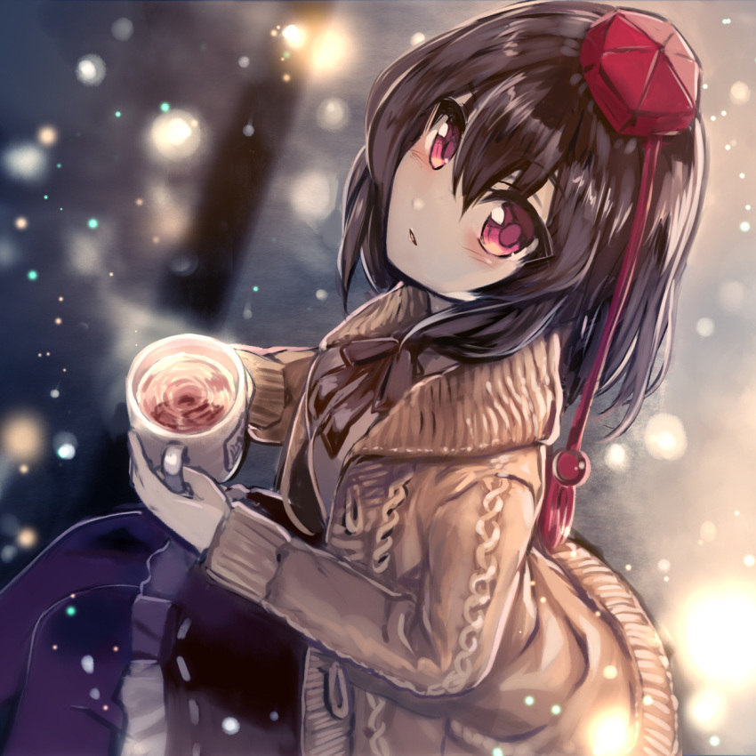 1girl black_hair black_skirt commentary_request cup from_above fuupu hair_between_eyes hair_over_shoulder hat highres holding holding_cup long_hair long_sleeves looking_at_viewer looking_up mug night outdoors pantyhose red_eyes ribbon-trimmed_skirt ribbon_trim shameimaru_aya sitting skirt snowing solo steam sweater tassel tea tokin_hat touhou winter