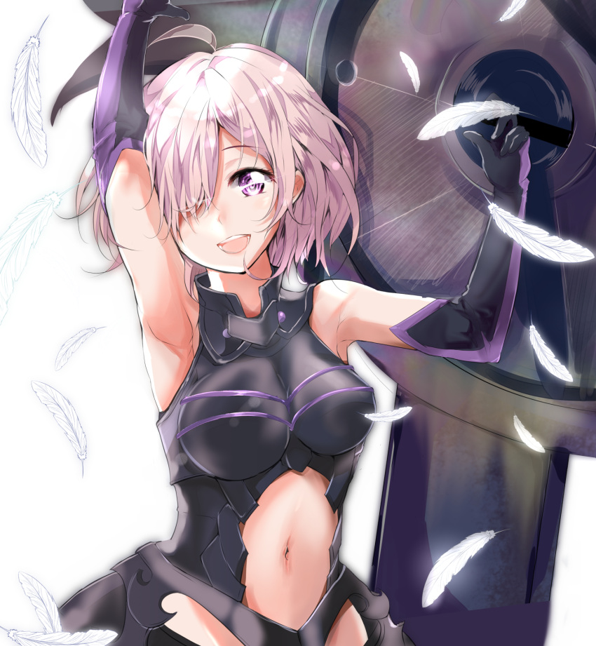 1girl :d ahoge armor armpits arms_up black_gloves breasts elbow_gloves fate/grand_order fate_(series) floating_hair gloves hair_over_one_eye highres holding_shield mash_kyrielight medium_breasts midriff navel navel_cutout open_mouth pink_hair shield shielder_(fate/grand_order) short_hair simple_background smile solo standing stomach upper_body velia violet_eyes white_background white_feathers