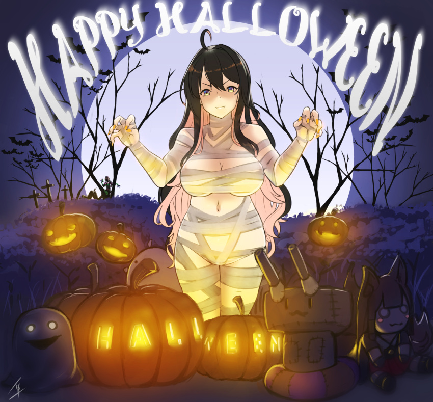 &gt;:) 1girl ahoge akagi_(azur_lane) bandage black_hair breasts claw_pose cleavage closed_mouth cowboy_shot halloween happy_halloween hayabusa highres jack-o'-lantern kantai_collection large_breasts long_hair looking_at_viewer multicolored_hair mummy_costume naganami_(kantai_collection) navel night pink_hair rensouhou-chan smile solo stuffed_toy two-tone_hair v-shaped_eyebrows very_long_hair wavy_hair yellow_eyes