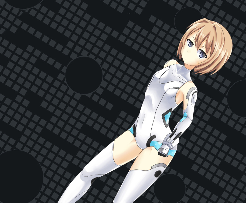 1girl blanc blue_eyes brown_hair cosplay covered_navel elbow_gloves frown gloves halcyon_(halcyon90) highres leotard looking_at_viewer neptune_(series) short_hair solo white_heart white_heart_(cosplay) white_legwear white_leotard