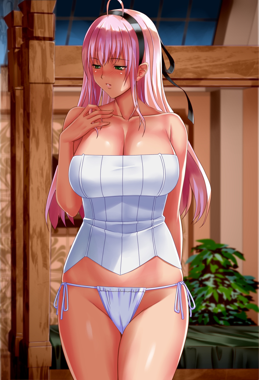 1girl ahoge bangs black_hairband blush breasts cleavage collarbone cowboy_shot curvy green_eyes groin hairband highres large_breasts long_hair looking_away original panties parted_lips pink_hair side-tie_panties sidelocks solo strapless suuitchi tubetop underwear white_panties