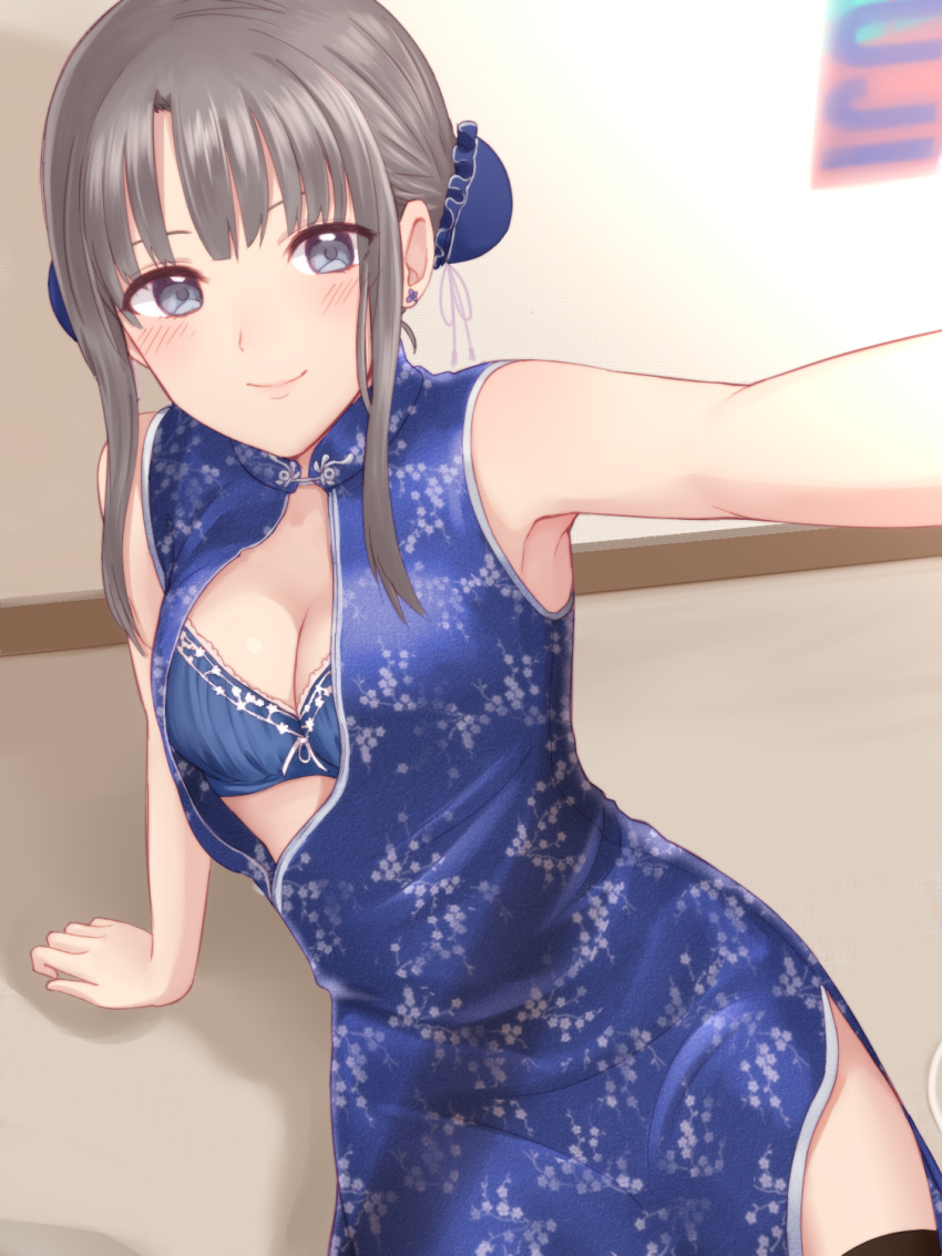 1girl black_eyes black_hair black_legwear blue_bra blush bra breasts bun_cover china_dress chinese_clothes cleavage double_bun dress highres long_hair medium_breasts monotiina original self_shot side_slit solo thigh-highs underwear