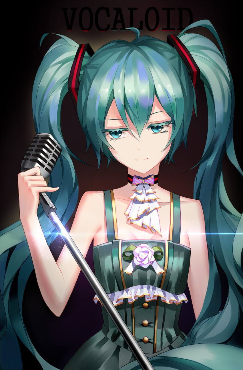1girl aaeru ahoge aqua_eyes aqua_hair black_background breasts choker cleavage collarbone colored_eyelashes copyright_name dress eyebrows_visible_through_hair green_dress hair_between_eyes hatsune_miku highres holding holding_microphone long_hair looking_down microphone microphone_stand sleeveless sleeveless_dress small_breasts smile solo standing twintails upper_body very_long_hair vocaloid