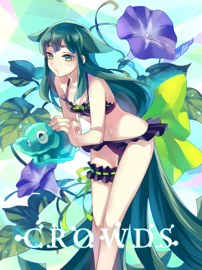 1girl absurdly_long_hair bikini black_bikini collarbone copyright_name frilled_bikini frills gatchaman_crowds green_eyes green_hair green_ribbon highres holding leaning_forward long_hair looking_at_viewer purple_flower ribbon ribbon-trimmed_bikini solo swimsuit thigh_strap utsutsu very_long_hair zoff_(daria)