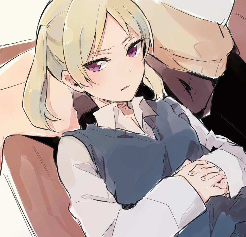1girl blonde_hair blue_vest collared_shirt copyright_request couch fingernails highres interlocked_fingers lap_pillow long_sleeves looking_at_viewer lying monsieur on_back own_hands_together shirt short_hair sketch solo_focus vest violet_eyes white_shirt wing_collar