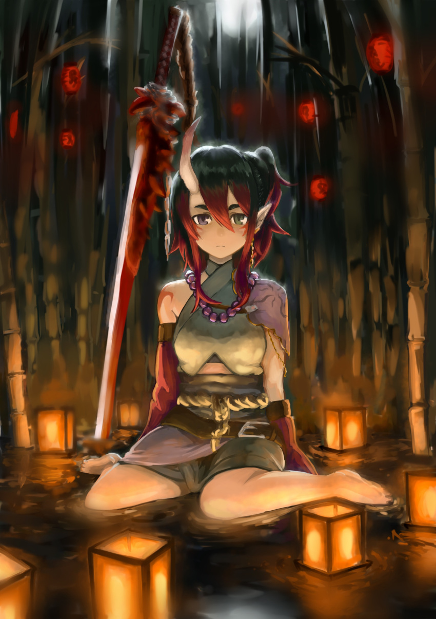 1girl :| absurdres arms_at_sides asymmetrical_sleeves bamboo bamboo_forest barefoot bead_necklace beads belt black_hair closed_mouth detached_sleeves eyebrows forest full_body grey_eyes hair_between_eyes heterochromia highres horn japanese_clothes jewelry lantern mud multicolored_hair na_(oagenosuke) nature necklace night on_ground one_side_up oni_horns original outdoors paper_lantern planted_sword planted_weapon pointy_ears redhead sash single_bare_shoulder sitting skirt solo sword two-tone_hair violet_eyes wariza weapon