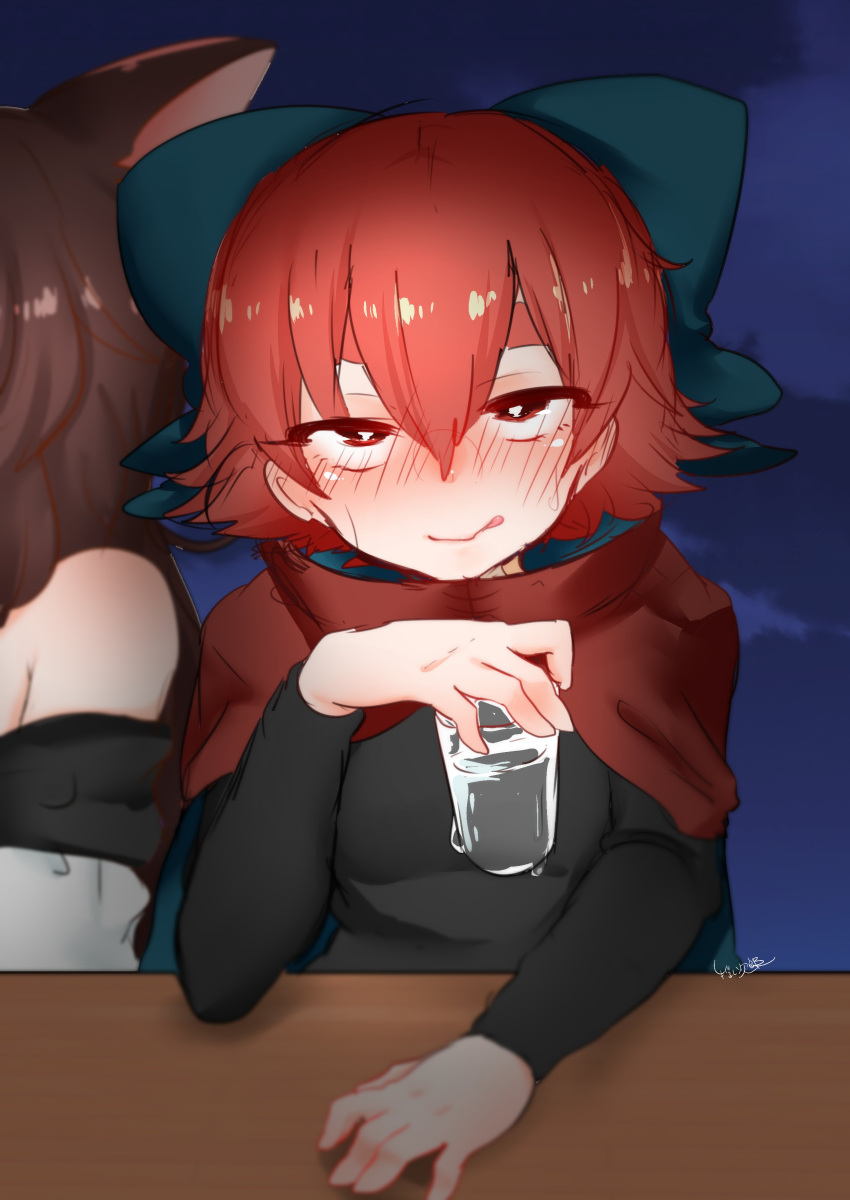 2girls absurdres animal_ears bangs bare_shoulders blue_bow blush bow brown_hair cape closed_mouth commentary_request cup drinking_glass gishiko_(kog_0130) hair_between_eyes hair_bow highres holding imaizumi_kagerou licking_lips long_hair long_sleeves looking_at_viewer multiple_girls nose_blush red_cape red_eyes redhead sekibanki short_hair signature solo_focus thick_eyebrows tongue tongue_out touhou upper_body wolf_ears