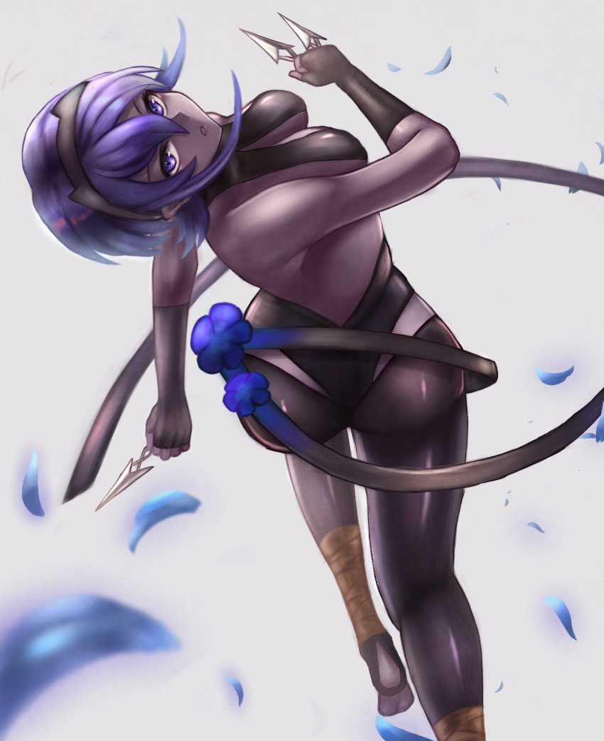 1girl assassin_(fate/prototype_fragments) backless_outfit bare_back bare_shoulders black_gloves black_hairband breasts center_opening dark_skin fate/prototype fate/prototype:_fragments_of_blue_and_silver fate_(series) fingerless_gloves from_behind gloves hair_between_eyes hairband hayataku1234 highres looking_at_viewer looking_back medium_breasts parted_lips purple_hair shaft_look short_hair solo violet_eyes