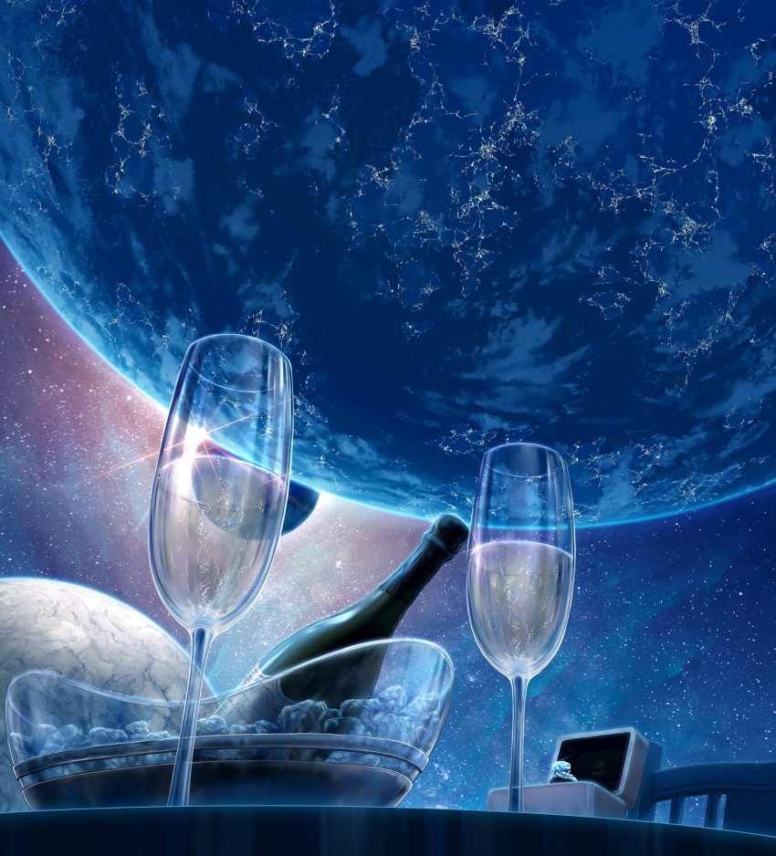 bowl chair champagne_bottle champagne_flute commentary cup dark drinking_glass engagement_ring highres ice jewelry lens_flare moon no_humans original planet ring scenery space still_life table yumemizuki