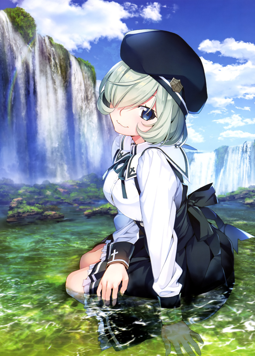 1girl absurdres arm_support black_hat black_skirt blue_eyes blue_sky character_request clouds day dress_shirt frilled_skirt frills green_hair green_ribbon grisaia_phantom_trigger hair_over_one_eye hat highres looking_at_viewer neck_ribbon outdoors rainbow ribbon shirt short_hair sitting skirt sky smile solo watanabe_akio water waterfall white_shirt