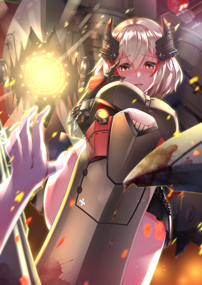 absurdres azur_lane bangs black_jacket blonde_hair blood blood_splatter blush breasts brown_eyes charging_(attack) eyebrows_visible_through_hair gloves greaves hair_between_eyes hand_to_own_face hand_up head_tilt headgear highres iron_cross jacket ken_ill large_breasts light_particles long_sleeves looking_at_viewer machinery multicolored_hair open_mouth pleated_skirt pov redhead rigging roon_(azur_lane) shirt short_hair sidelocks skirt smile streaked_hair