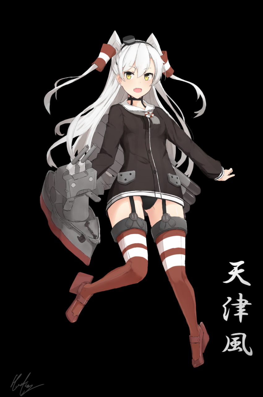amatsukaze_(kantai_collection) black_background black_panties brown_eyes cannon character_name choker dress garter_straps gloves hair_tubes haneterusnn hat highres kantai_collection mast mini_hat o_o open_mouth panties red_legwear rensouhou-kun sailor_dress short_dress silver_hair simple_background single_glove striped striped_legwear text thigh-highs torpedo turret twintails two_side_up underwear white_gloves windsock