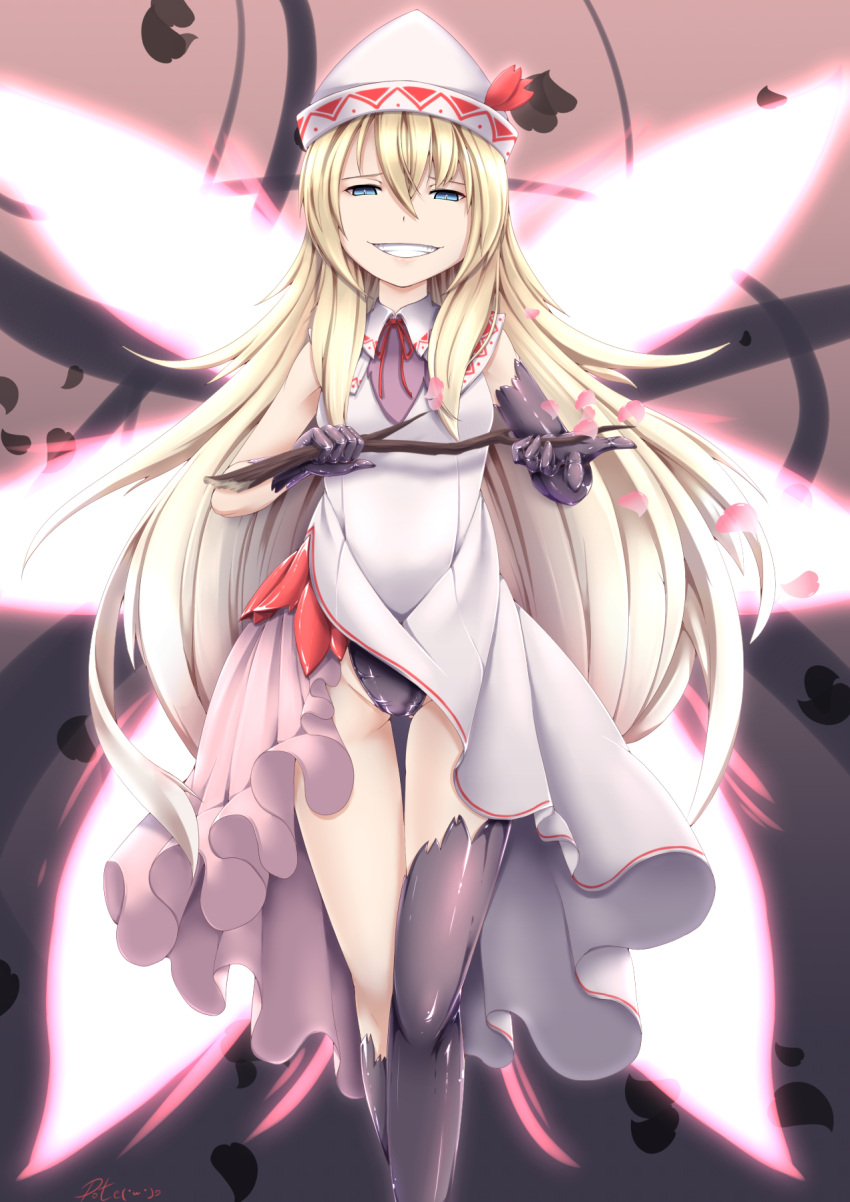 asymmetrical_clothes blonde_hair blue_eyes cherry_blossoms commentary_request corruption dark_persona elbow_gloves evil_grin evil_smile fairy_wings gloves grin hat highres inyuppo lily_white long_hair multiple_wings narrowed_eyes petals smile thigh-highs touhou twig very_long_hair wings