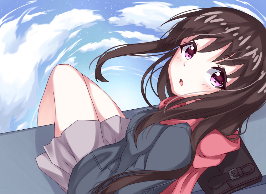 1girl :o above_clouds absurdres artist_name bag bangs blush brown_hair commentary from_above grey_jacket helen_phan highres iki_hiyori jacket long_hair looking_at_viewer noragami open_mouth pink_eyes purple_skirt red_scarf scarf school_uniform signature sitting skirt sky solo