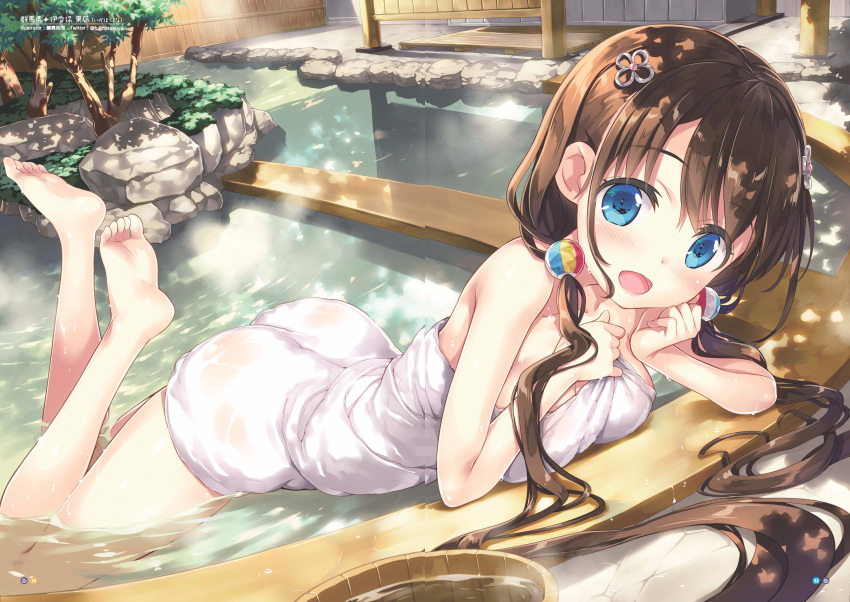 1girl :d absurdres ass barefoot blue_eyes blush breasts brown_hair cleavage day eyebrows_visible_through_hair fujima_takuya hair_between_eyes hair_ornament highres ikaho_hana long_hair looking_at_viewer lying medium_breasts naked_towel on_stomach onsen_musume open_mouth outdoors sideboob smile solo towel twintails wet