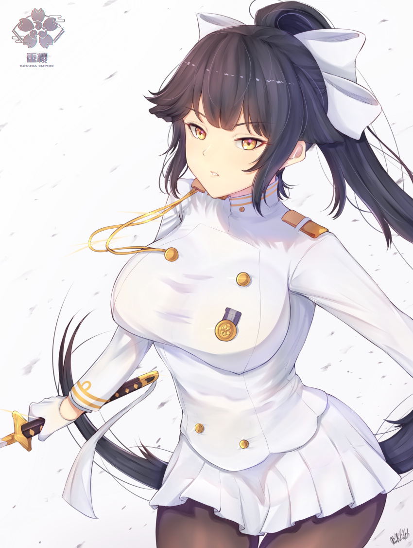 1girl absurdres artist_name azur_lane black_hair black_legwear blackwatchar bow breasts cowboy_shot gloves hair_bow highres holding holding_sword holding_weapon jacket katana large_breasts long_hair looking_at_viewer medal military military_uniform miniskirt pantyhose parted_lips pleated_skirt ponytail skirt solo sword takao_(azur_lane) uniform very_long_hair weapon white_bow white_gloves white_jacket white_skirt yellow_eyes