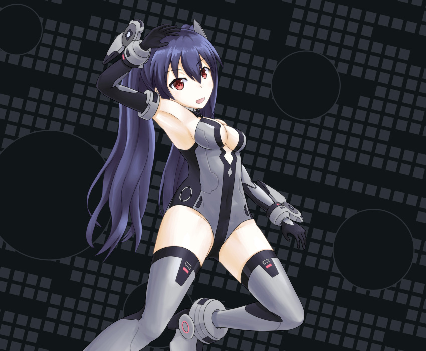 1girl :d armpits black_hair black_heart black_heart_(cosplay) boots cleavage_cutout cosplay elbow_gloves gloves halcyon_(halcyon90) headgear highres leotard looking_at_viewer neptune_(series) noire open_mouth red_eyes smile solo thigh-highs thigh_boots twintails