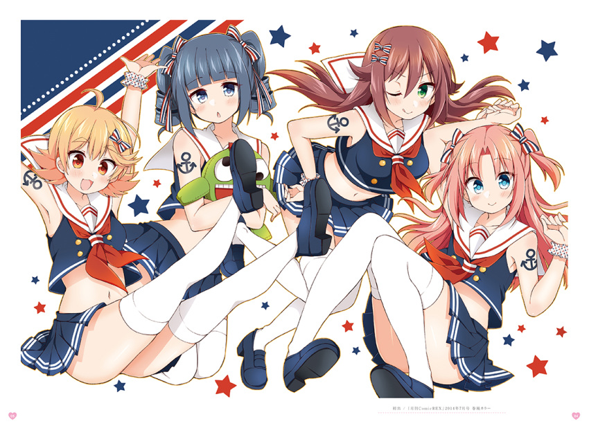 18_kin_(himegoto) 1boy 3girls :d ;p ahoge albertina_the_2nd anchor_tattoo arikawa_hime arm_tattoo arm_up armpit_peek armpits arms_up bangs bare_shoulders black_skirt blonde_hair blue_eyes blue_footwear blunt_bangs blush bow breasts brown_hair chestnut_mouth closed_mouth collarbone crop_top crossdressinging double-breasted drill_hair eyebrows_visible_through_hair flipped_hair full_body green_eyes grey_hair hair_between_eyes hair_bow hair_flaps hair_ribbon hand_on_hip hand_up hands_up head_tilt himegoto holding holding_stuffed_toy long_hair looking_at_viewer medium_breasts midriff miniskirt multiple_girls navel neckerchief object_hug one_eye_closed open_mouth orange_eyes outstretched_arms pink_hair pleated_skirt polka_dot polka_dot_scrunchie red_neckwear ribbon sadako_(himegoto) school_uniform scrunchie serafuku shiny shiny_hair shiny_skin short_hair sidelocks skirt sleeveless small_breasts smile star starry_background striped striped_bow striped_ribbon stuffed_toy tattoo thick_eyebrows thigh-highs tongue tongue_out trap tsukudani_norio twin_drills two_side_up v-shaped_eyebrows white_background white_legwear wrist_scrunchie zettai_ryouiki