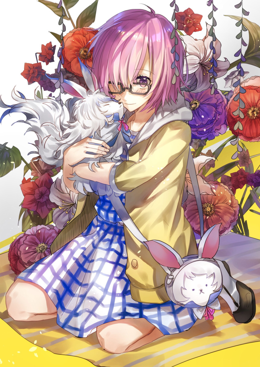 1girl absurdres bag black-framed_eyewear blue_dress blush character_doll closed_mouth dress fate/grand_order fate_(series) flats floral_background fou_(fate/grand_order) glasses hair_over_one_eye highres hood hoodie kneeling looking_at_viewer mash_kyrielight open_clothes open_hoodie plaid plaid_dress purple_hair red_flower satchel short_hair shoulder_bag smile solo tsugutoku violet_eyes