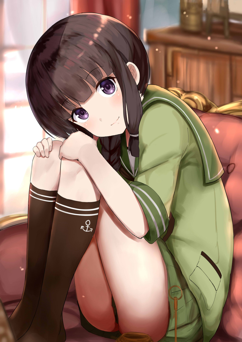 1girl absurdres anchor_symbol black_hair black_legwear black_neckwear blurry blurry_background blush braid closed_mouth couch depth_of_field dress from_side green_shirt green_skirt hair_over_shoulder hair_ribbon hands_on_own_knees highres indoors kantai_collection kitakami_(kantai_collection) kneehighs knees_up legs_together light_particles long_hair looking_at_viewer looking_to_the_side neckerchief no_shoes okitsugu on_couch pocket revision ribbon shelf shirt short_dress short_sleeves sidelocks single_braid skirt smile solo tareme thighs tress_ribbon violet_eyes