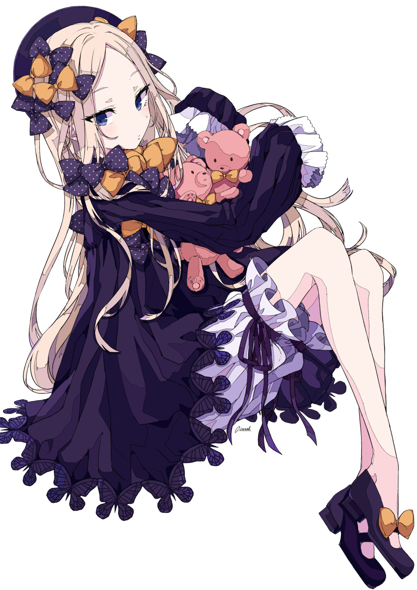 1girl abigail_williams_(fate/grand_order) absurdres black_bow black_dress black_footwear black_hat blonde_hair bloomers blue_eyes blush bow butterfly closed_mouth commentary_request dress fate/grand_order fate_(series) full_body hair_bow hands_in_sleeves hat high_heels highres long_hair long_sleeves looking_at_viewer looking_to_the_side object_hug orange_bow osanai parted_lips polka_dot polka_dot_bow simple_background sitting solo stuffed_animal stuffed_toy teddy_bear underwear very_long_hair white_background white_bloomers