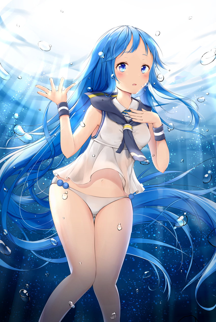 1girl air_bubble bare_arms bare_shoulders bikini bikini_bottom blue_eyes blue_hair blue_neckwear blush breasts bubble day feet_out_of_frame forehead gluteal_fold hand_on_own_chest hands_up highres ichinose_kizuki kantai_collection knees_together_feet_apart long_hair looking_at_viewer medium_breasts neckerchief outdoors sailor samidare_(kantai_collection) shiny shiny_hair shirt sleeveless sleeveless_shirt solo submerged swimsuit tareme thigh_gap underwater very_long_hair water white_bikini white_shirt wristband
