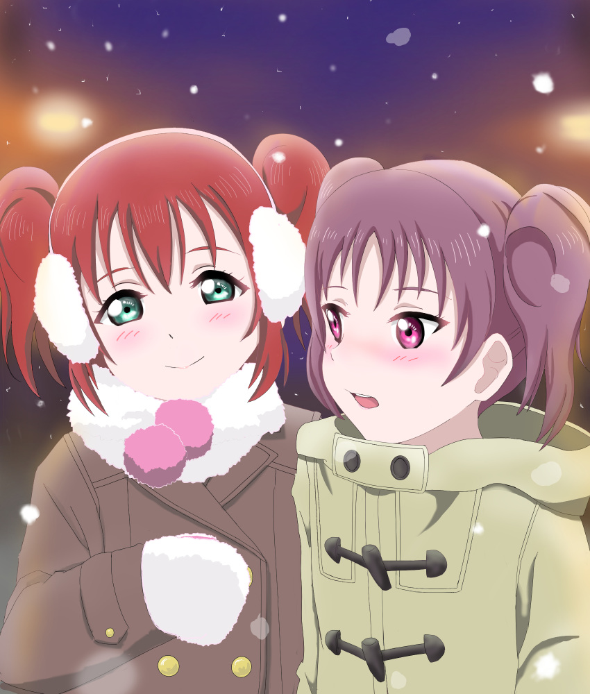 10s 2girls artist_request commentary_request earmuffs green_eyes highres kazuno_leah kurosawa_ruby love_live! love_live!_sunshine!! multiple_girls purple_hair redhead short_twintails snow twintails violet_eyes