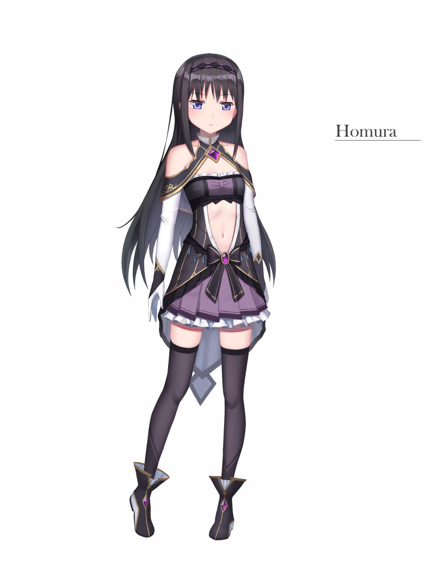 1girl akemi_homura alternate_costume amethyst ankle_boots argyle arms_at_sides bare_shoulders black_bow black_footwear black_hair black_legwear blush boots bow brooh character_name closed_mouth collarbone du_mogu elbow_gloves expressionless frilled_skirt frills full_body gem gloves hairband highres legs_apart long_hair looking_at_viewer mahou_shoujo_madoka_magica navel navel_cutout pleated_skirt purple_skirt sidelocks simple_background skirt solo standing straight_hair thigh-highs two-tone_hairband very_long_hair violet_eyes white_background white_gloves zettai_ryouiki