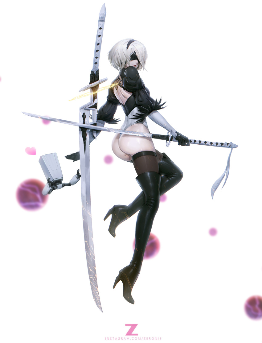 1girl absurdres artist_name ass back_cutout black_legwear blindfold bob_cut boots closed_mouth facing_viewer feather-trimmed_sleeves floating_weapon from_side full_body gloves hair_over_one_eye high_heel_boots high_heels highres katana leotard nier_(series) nier_automata ootachi paid_reward patreon_reward paul_kwon pod_(nier_automata) shiny shiny_skin short_hair shoulder_blades silver_hair simple_background solo sword thigh-highs thigh_boots weapon white_background yorha_no._2_type_b