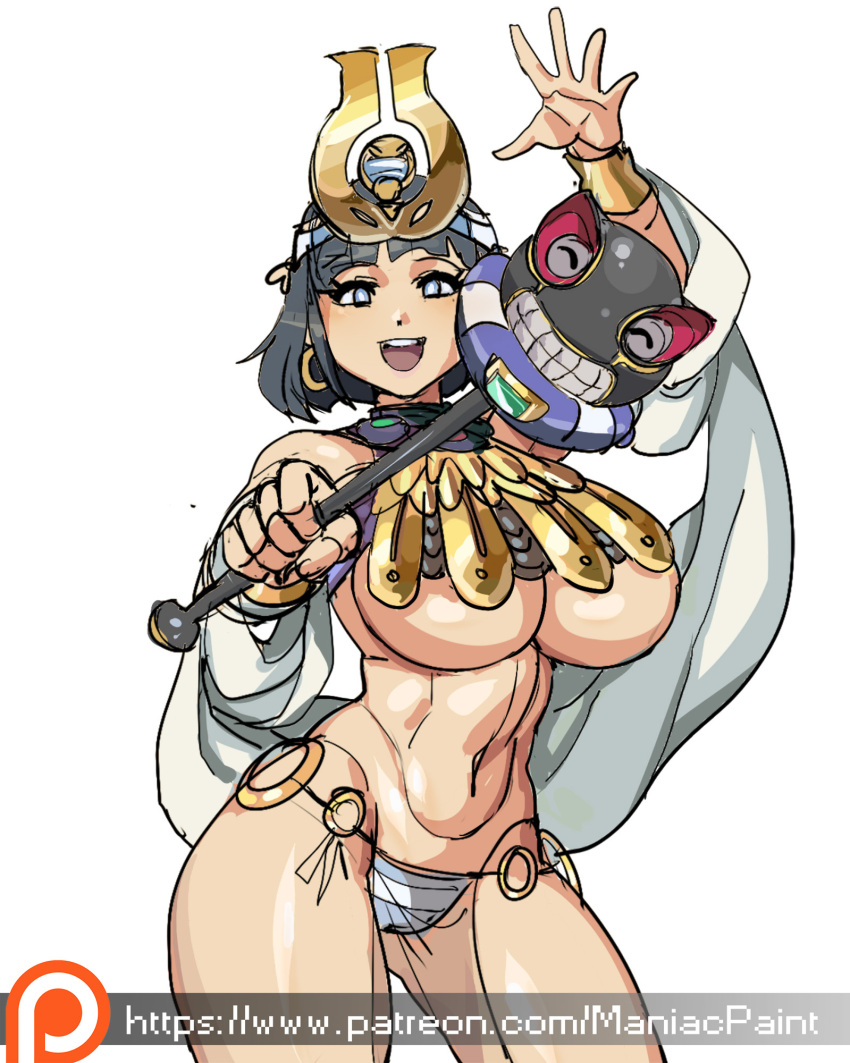 1girl bikini_bottom black_hair breasts contrapposto egyptian hagoromo headpiece highres hood huge_breasts japanese_clothes maniacpaint menace navel queen's_blade revealing_clothes shawl sketch solo thick_thighs thighs under_boob