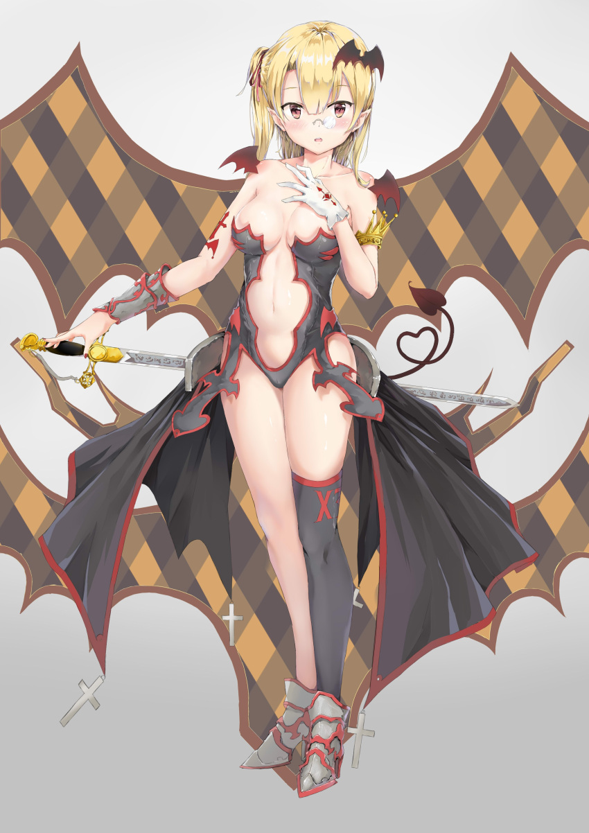 1girl absurdres armor bare_shoulders bat_hair_ornament black_legwear blonde_hair blush breasts brown_eyes character_request cleavage collarbone copyright_request eyebrows_visible_through_hair full_body gloves hair_ornament hair_ribbon heart highres holding holding_sword holding_weapon large_breasts medium_hair nail_polish navel parted_lips pointy_ears red_nails red_ribbon ribbon side_ponytail solo sword thigh-highs vampire weapon white_gloves yi_zhi_bai_bo
