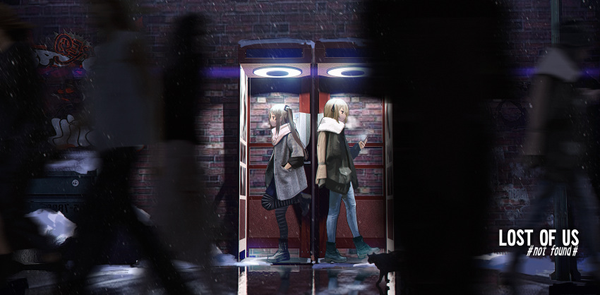 2girls absurdres bangs black_ribbon blurry brown_hair cellphone coat crowded denim doitsu_no_kagaku expressionless girls_frontline grey_hair hair_ribbon hand_in_pocket highres holding holding_phone jeans long_hair multiple_girls open_clothes open_coat outdoors pants pantyhose phone phone_booth ribbon scarf sidelocks smartphone snow standing striped striped_legwear twintails ump45_(girls_frontline) ump9_(girls_frontline) wallpaper