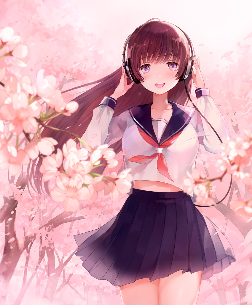 1girl arms_up bangs blurry blush cherry_blossoms depth_of_field floating_hair headphones highres long_hair long_sleeves looking_at_viewer open_mouth original outdoors pleated_skirt school_uniform serafuku skirt solo standing tlla tree violet_eyes