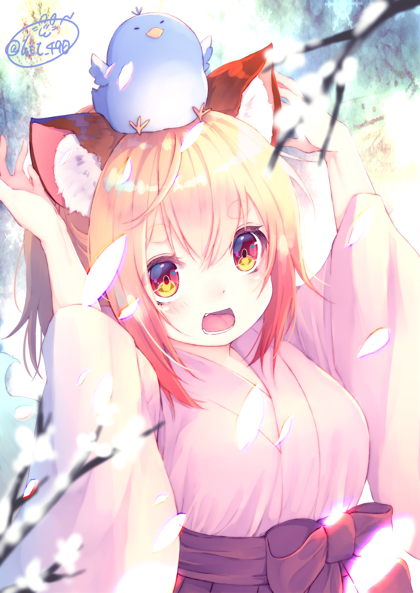 1girl :d animal animal_ears animal_on_head arms_up bangs bird bird_on_head blurry blush bow breasts chita_(ketchup) depth_of_field eyebrows_visible_through_hair fox_ears fox_girl hakama happy highres japanese_clothes kimono long_hair long_sleeves looking_at_viewer medium_breasts miko multicolored multicolored_eyes on_head open_mouth orange_eyes orange_hair original petals red_eyes signature smile solo tareme teeth thick_eyebrows twitter_username upper_body wide_sleeves