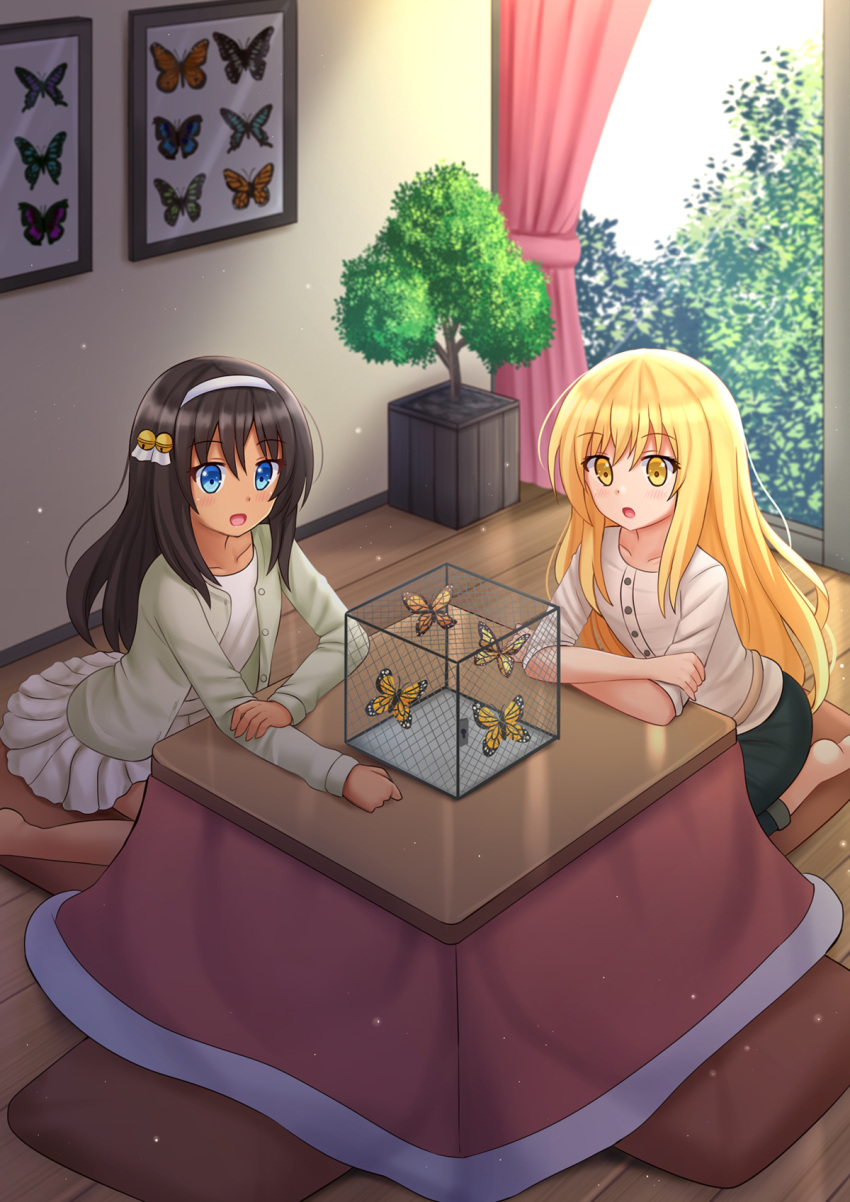 2girls :d animal arm_grab bangs barefoot bell black_hair blonde_hair blue_eyes blush butterfly cage collarbone commentary curtains day eyebrows_visible_through_hair green_jacket green_pants hair_bell hair_between_eyes hair_ornament hair_ribbon hairband highres indoors jacket jingle_bell kazenokaze kotatsu long_hair long_sleeves multiple_girls open_clothes open_jacket open_mouth original pants pillow plant pleated_skirt potted_plant ribbon seiza shirt sitting skirt sleeves_pushed_up smile sunlight table tan tree very_long_hair wariza white_hairband white_ribbon white_shirt white_skirt wings wooden_floor yellow_eyes