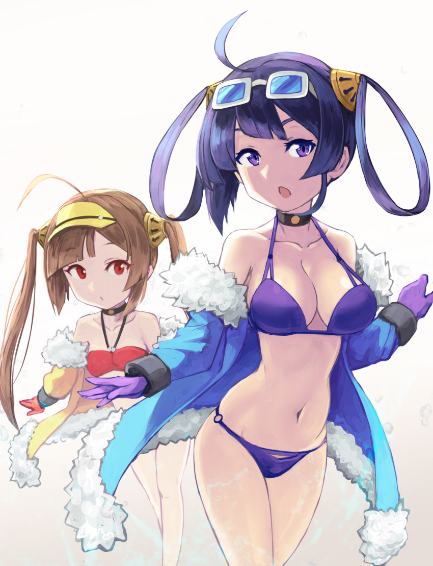 2girls ahoge azur_lane bandeau bangs bare_shoulders bikini black_choker blue_glasses blue_jacket breasts brown_hair chestnut_mouth cleavage collarbone commentary_request eyebrows_visible_through_hair eyewear_on_head fur-trimmed_jacket fur_trim gloves gradient gradient_background grey_background hair_rings hairpods halter_top halterneck highres jacket large_breasts long_hair long_sleeves looking_at_viewer multiple_girls navel ning_hai_(azur_lane) o-ring_bikini o-ring_bottom off_shoulder open_clothes open_jacket parted_lips ping_hai_(azur_lane) purple_bikini purple_gloves purple_hair red_bikini red_eyes red_gloves sawawse simple_background small_breasts sunglasses swimsuit twintails very_long_hair violet_eyes white-framed_eyewear white_background yellow_jacket