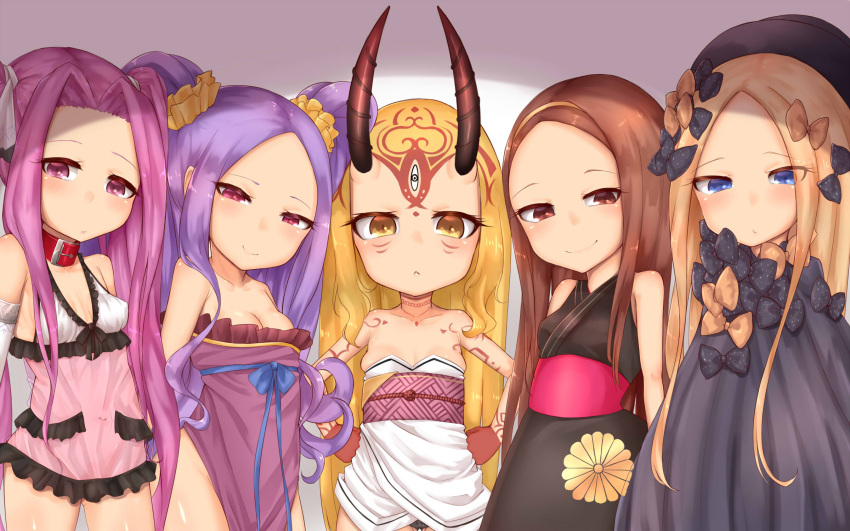 5girls :&lt; abigail_williams_(fate/grand_order) arms_at_sides bangs bare_arms bare_shoulders belt_buckle black_bow black_dress black_hat black_kimono black_panties blonde_hair blue_bow blue_eyes blue_ribbon blush bow breasts brown_eyes brown_hair buckle chacha_(fate/grand_order) chinese_clothes closed_mouth collarbone commentary_request curly_hair detached_sleeves dress eyebrows_visible_through_hair facial_mark fate/grand_order fate_(series) groin hair_intakes hair_ornament hair_ribbon hair_scrunchie half-closed_eyes hands_on_hips hanfu hat highres horns ibaraki_douji_(fate/grand_order) japanese_clothes kimono long_hair looking_at_viewer makano_mucchi medium_breasts multiple_girls navel nightgown obi oni oni_horns orange_bow panties panty_peek parted_bangs pelvic_curtain pink_hair polka_dot polka_dot_bow purple_dress purple_hair red_collar ribbon sash scrunchie see-through sidelocks sleeveless small_breasts smile strapless strapless_dress tattoo twintails underwear upper_body very_long_hair white_ribbon wu_zetian_(fate/grand_order) yellow_eyes yellow_hairband yellow_scrunchie