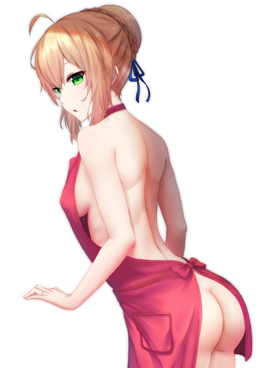 1girl :o absurdres ahoge apron artoria_pendragon_(all) artoria_pendragon_(fate) ass back bangs bare_arms bare_shoulders blonde_hair blue_ribbon bow braid breasts butt_crack commentary_request cowboy_shot dylannn fate/stay_night fate_(series) female_ass french_braid from_side green_eyes hair_between_eyes hair_bun hair_ribbon half-closed_eyes halterneck highres jewelry looking_at_viewer looking_to_the_side medium_breasts naked_apron no_bra no_panties pocket red_apron red_bow ribbon ring saber shade shiny shiny_hair short_hair shoulder_blades sideboob sidelocks solo standing thighs type-moon wedding_band