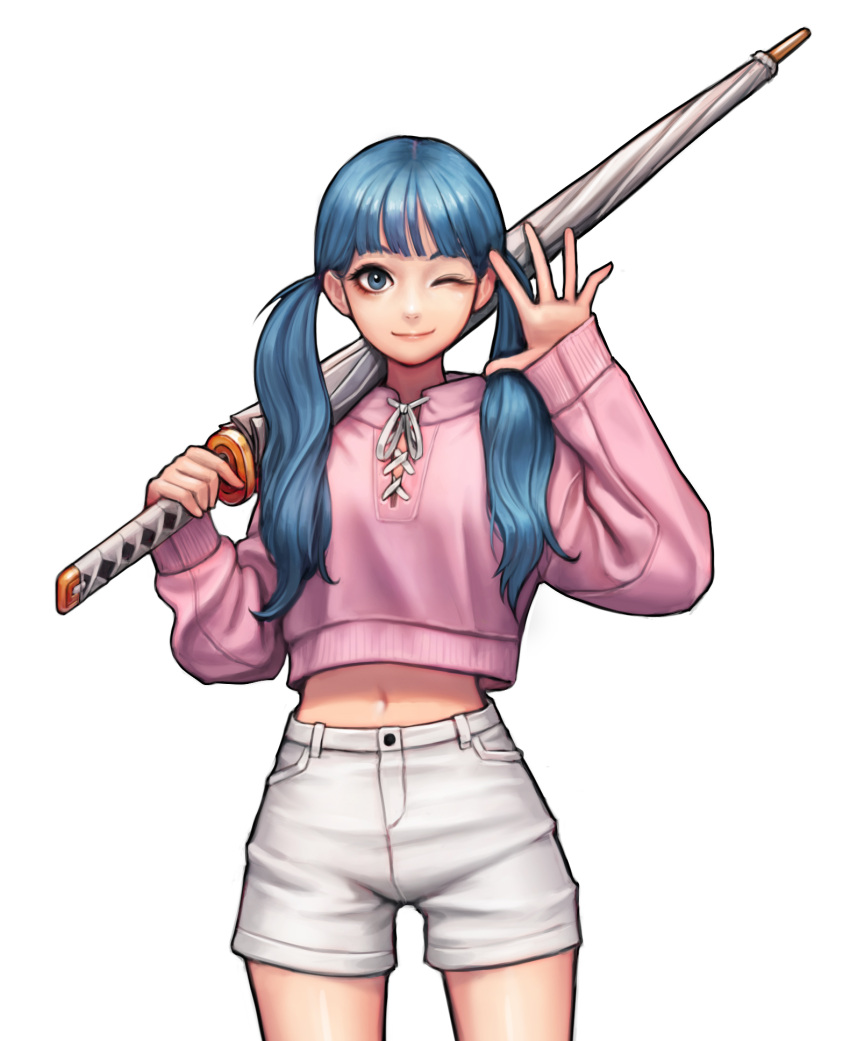 1girl ;) bangs blue_eyes blue_hair blunt_bangs closed_mouth cowboy_shot hidden_blade highres holding jungon_kim legs_apart lips long_sleeves navel one_eye_closed original over_shoulder pink_sweater shorts simple_background smile solo spread_fingers standing sweater sword twintails waving weapon white_background white_shorts