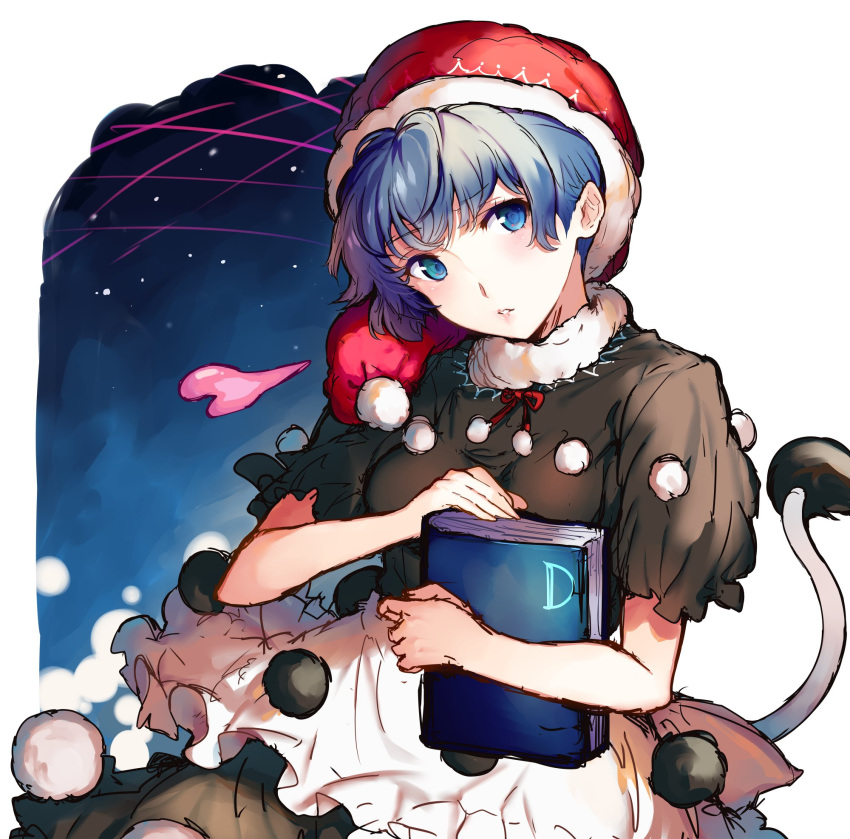 1girl abusoru apron bangs black_dress blue_eyes blue_hair book breasts doremy_sweet dream_soul dress eyebrows_visible_through_hair hat head_tilt highres holding holding_book looking_at_viewer medium_breasts nightcap parted_lips pom_pom_(clothes) red_hat short_hair short_sleeves sketch solo tail tapir_tail touhou waist_apron white_background