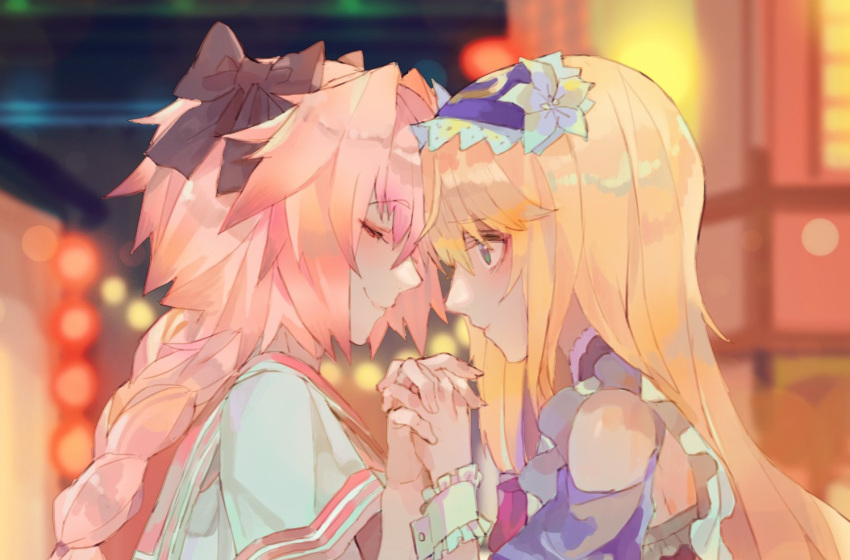 2boys androgynous astolfo_(fate) bangs bare_shoulders black_bow blonde_hair blue_dress blue_eyes blurry blurry_background blush bow braid closed_eyes closed_mouth depth_of_field dress eyebrows_visible_through_hair facing_away fate/grand_order fate_(series) frilled_hairband from_side hair_between_eyes hair_bow interlocked_fingers kibadori_rue le_chevalier_d'eon_(fate/grand_order) light_smile long_hair looking_at_another multiple_boys neon_lights night outdoors pink_hair profile red_sailor_collar sailor_collar school_uniform serafuku shirt single_braid smile white_shirt wristband