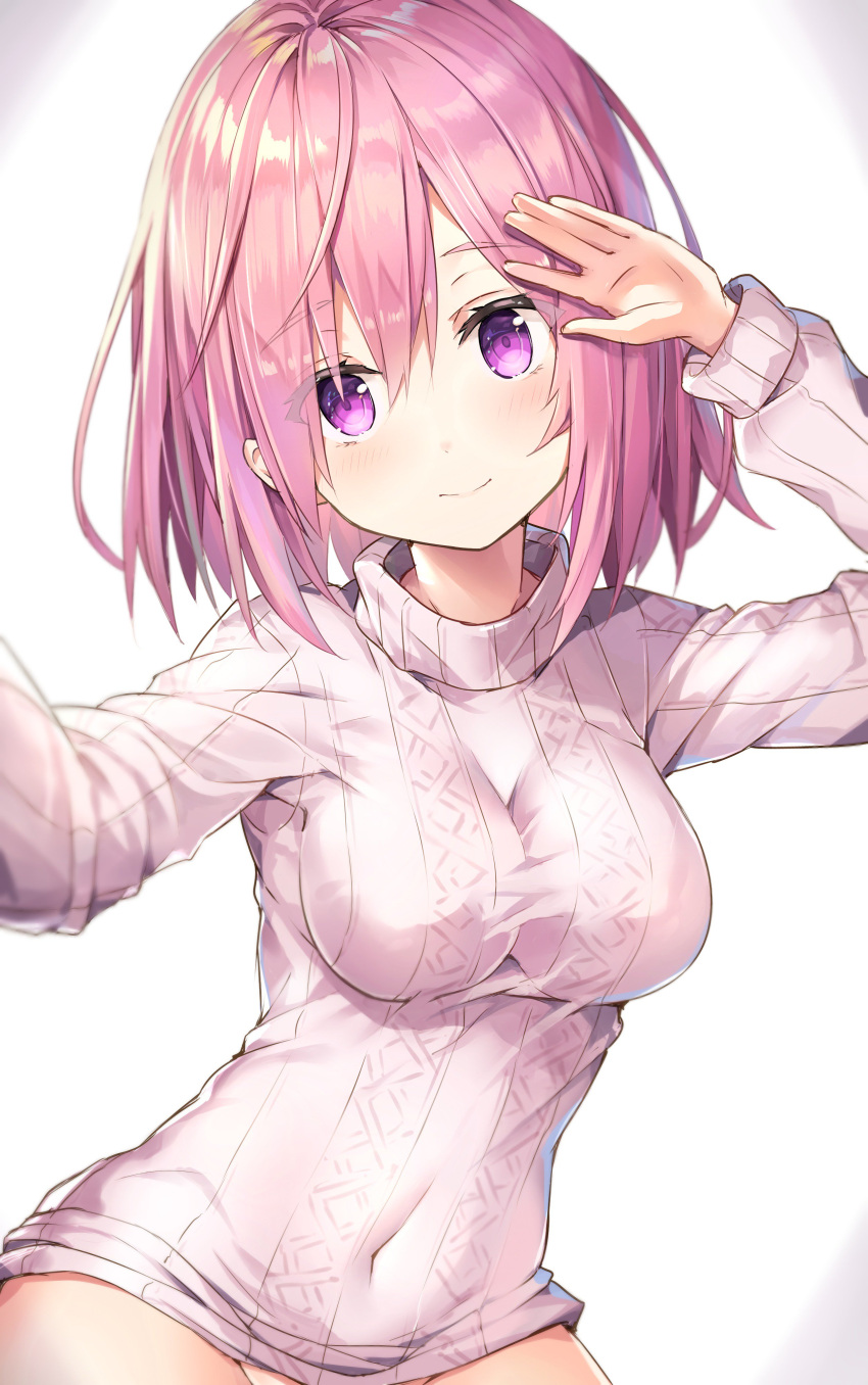 1girl absurdres aran_sweater arm_up bangs blurry blush closed_mouth covered_navel depth_of_field eyebrows_visible_through_hair fate/grand_order fate_(series) hair_between_eyes highres light_smile long_sleeves looking_at_viewer mash_kyrielight pink_hair rin_yuu self_shot shiny shiny_hair sidelocks smile solo sweater turtleneck turtleneck_sweater upper_body violet_eyes white_sweater