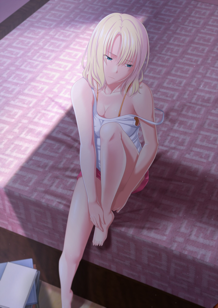 1girl bare_legs bare_shoulders barefoot bed bed_sheet blonde_hair blue_eyes book breasts cleavage collarbone commentary_request dress highres indoors knee_up looking_away medium_breasts on_bed original short_hair sitting solo tawagoto_dukai_no_deshi white_dress