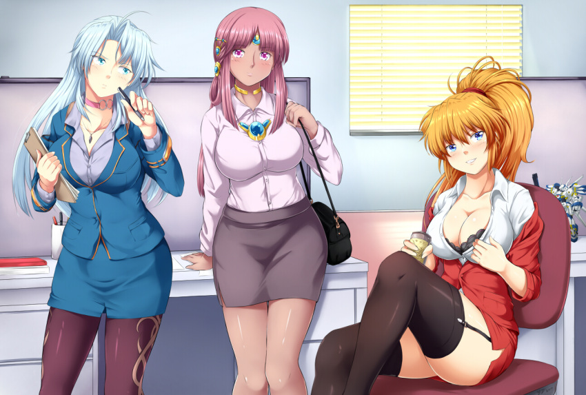 3girls ahoge ariel_org bag black_legwear blonde_hair blue_eyes blue_hair blue_skirt blush breasts calvina_coulange choker cleavage clipboard crossover dark_skin drink excellen_browning garter_straps hair_ornament handbag jewelry large_breasts looking_at_viewer multiple_girls necklace office office_lady pantyhose parted_lips pen pencil_skirt pink_eyes ponytail sitting skirt standing super_robot_wars super_robot_wars_og_moon_dwellers thigh-highs thighs yomitrooper