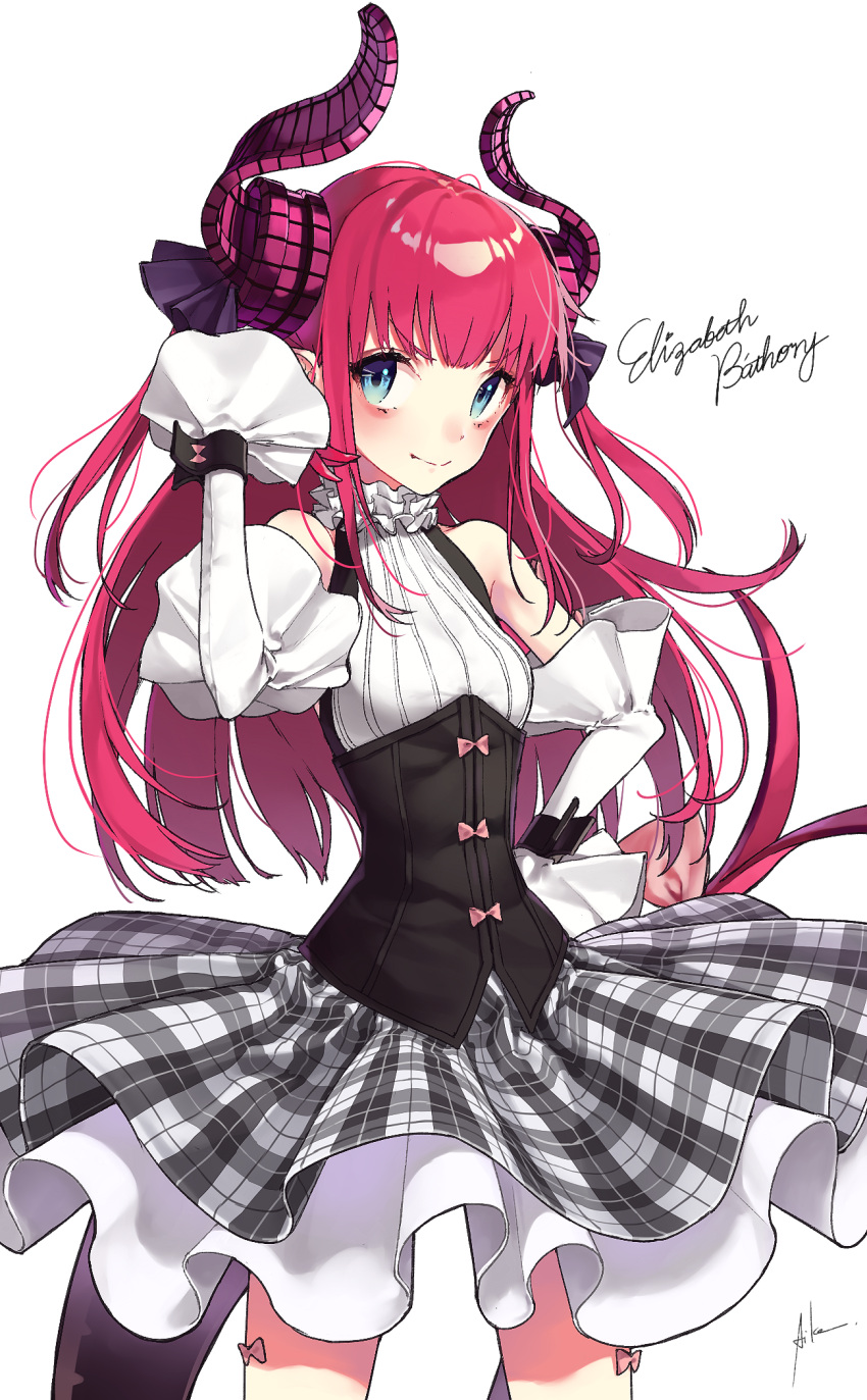 1girl aiko_(aiko_54) arm_up asymmetrical_horns bangs blue_eyes blush character_name closed_mouth collar commentary_request corset cowboy_shot curled_horns detached_sleeves dragon_tail elizabeth_bathory_(fate) elizabeth_bathory_(fate)_(all) eyebrows_visible_through_hair fang fang_out fate/extra fate/extra_ccc fate/grand_order fate_(series) frilled_collar frills grey_skirt hair_ribbon highres long_hair long_sleeves looking_at_viewer pink_hair pointy_ears purple_ribbon ribbon shirt simple_background skirt sleeveless sleeveless_shirt smile solo tail two_side_up v-shaped_eyebrows white_background white_shirt