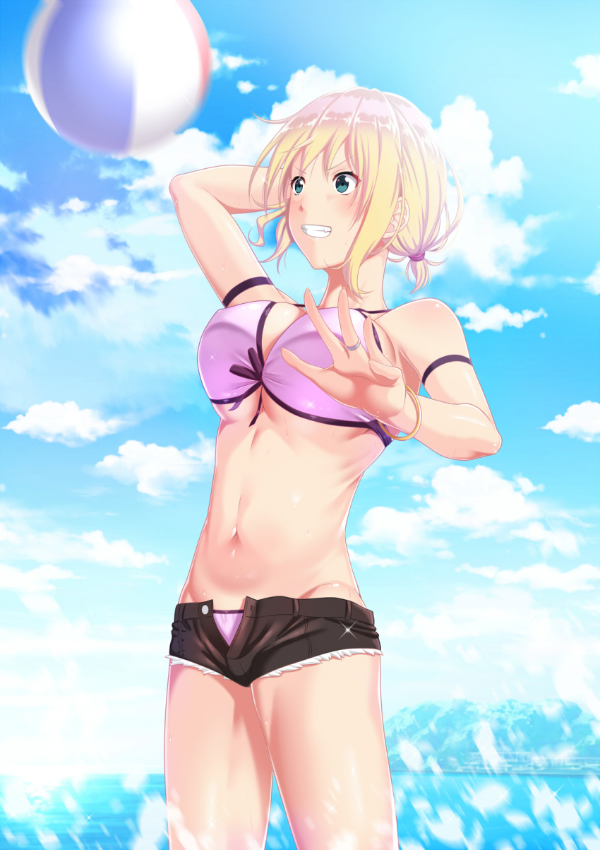 1girl ball beach beach_volleyball bikini blonde_hair blue_eyes blush bracelet breasts cleavage clouds commentary_request day earrings eyebrows_visible_through_hair front-tie_bikini front-tie_top highres jewelry large_breasts navel open_mouth original outdoors ring short_hair sky smile standing swimsuit tawagoto_dukai_no_deshi volleyball